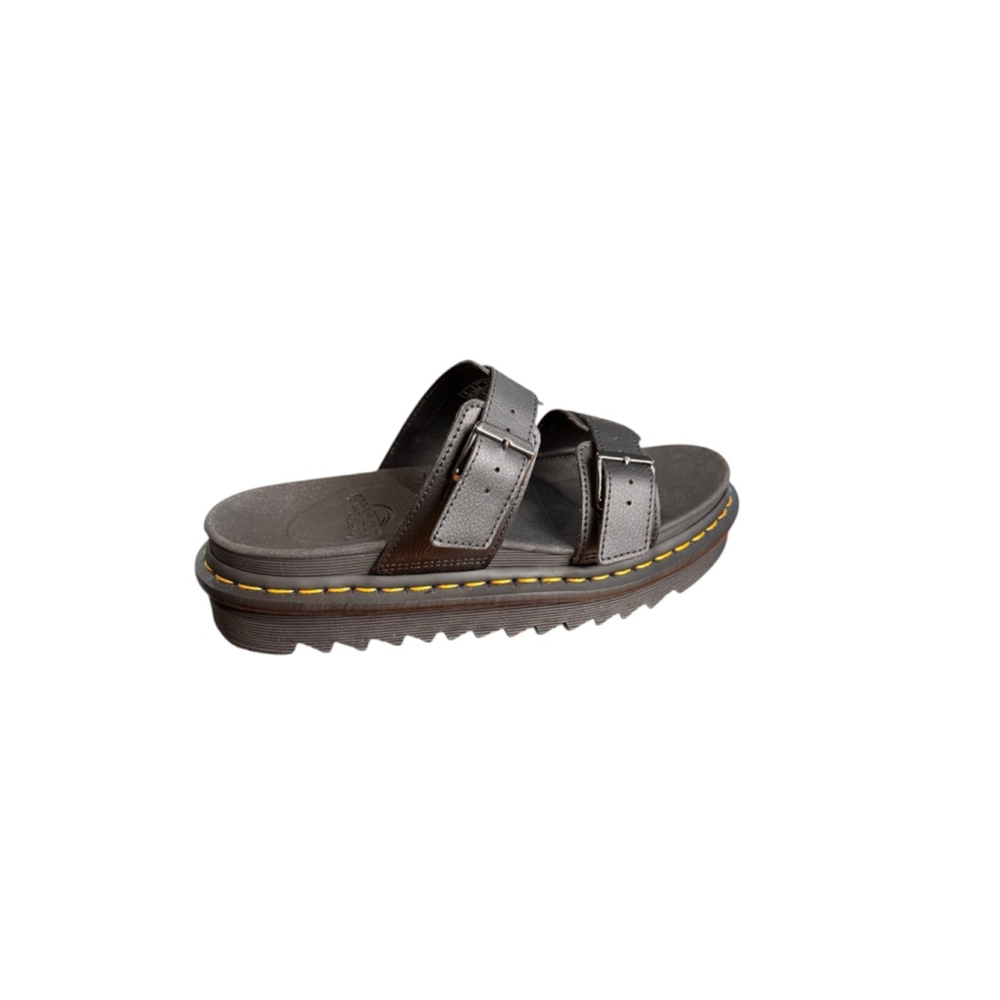 Dr. Martens Brown Leather Double-Strap Platform Sandal with Yellow Stitching